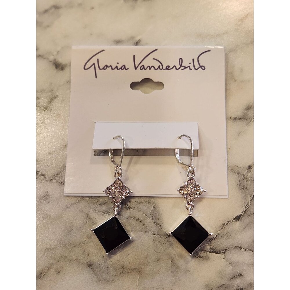 Gloria Vanderbilt Silver Tone & Black Dangling Earrings With Rhinestone Accents